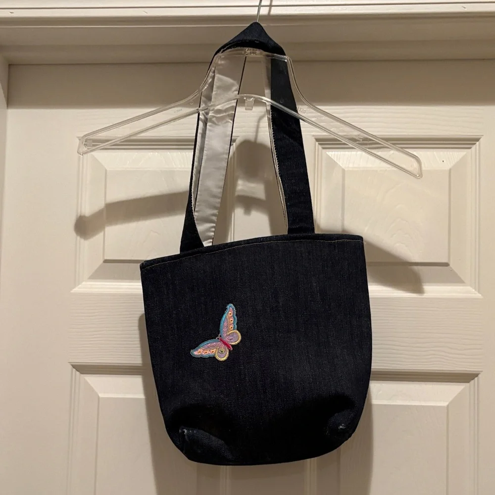 Vintage Dark Denim Tote Bag with Butterfly Accent